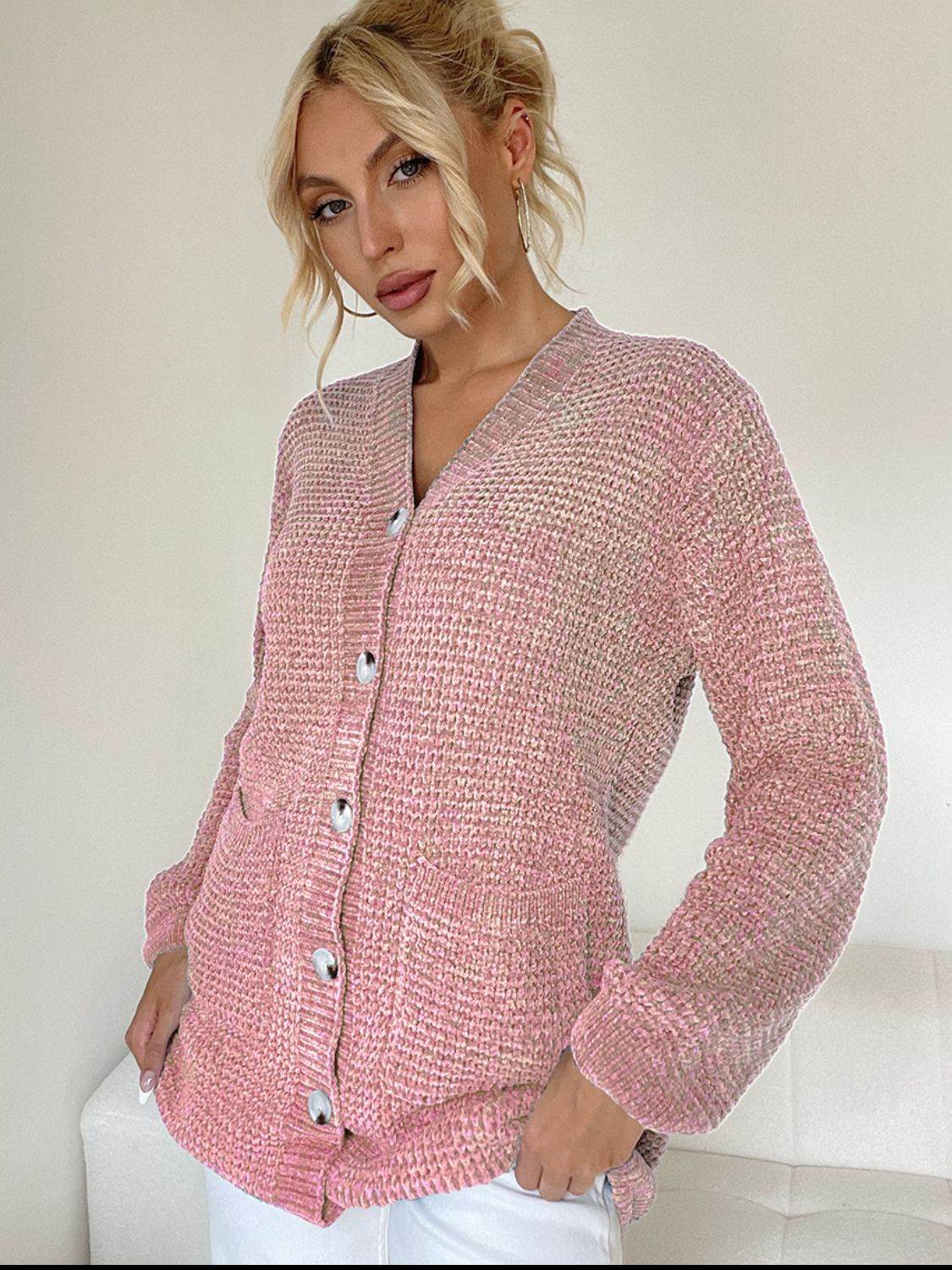 Pocketed V-Neck Button Up Cardigan Dusty Pink One Size for a perfect OOTD – dress to impress outfits from Amexza