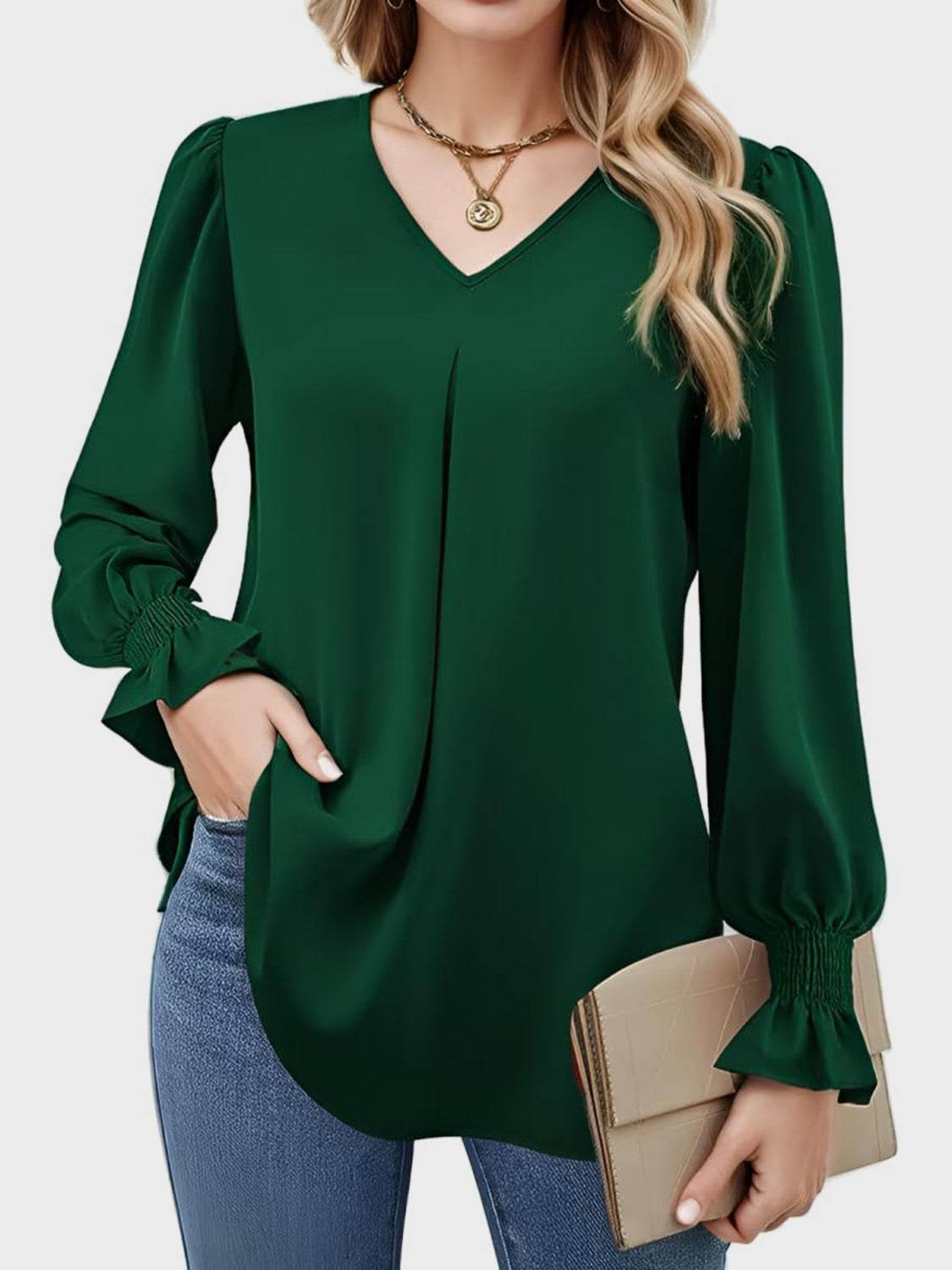 V-Neck Flounce Sleeve Top Dark Green for a perfect OOTD – dress to impress outfits from Amexza