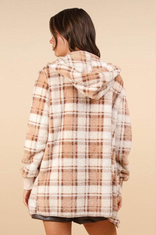 VERY J Fuzzy Plaid Long Sleeve Hooded Jacket for a perfect OOTD – dress to impress outfits from Amexza