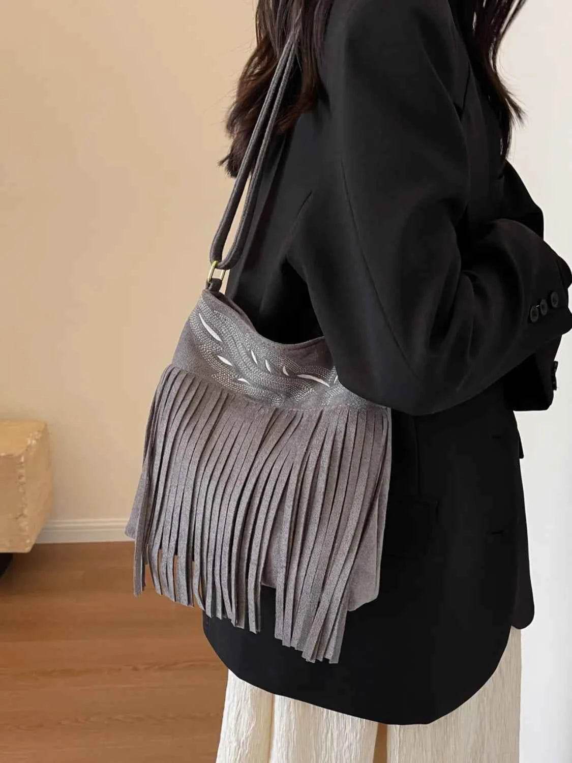 Fringe Solid Color Shoulder Bag Gray One Size for a perfect OOTD – dress to impress outfits from Amexza