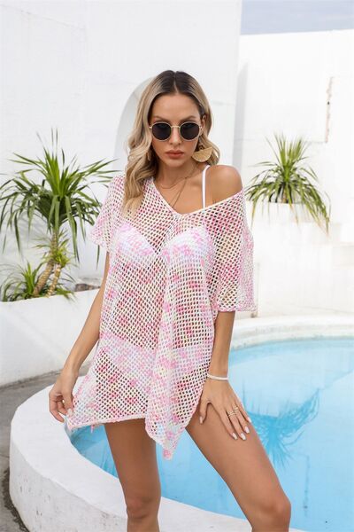 Angel Wings Openwork V-Neck Short Sleeve Cover Up for a perfect OOTD – dress to impress outfits from Amexza