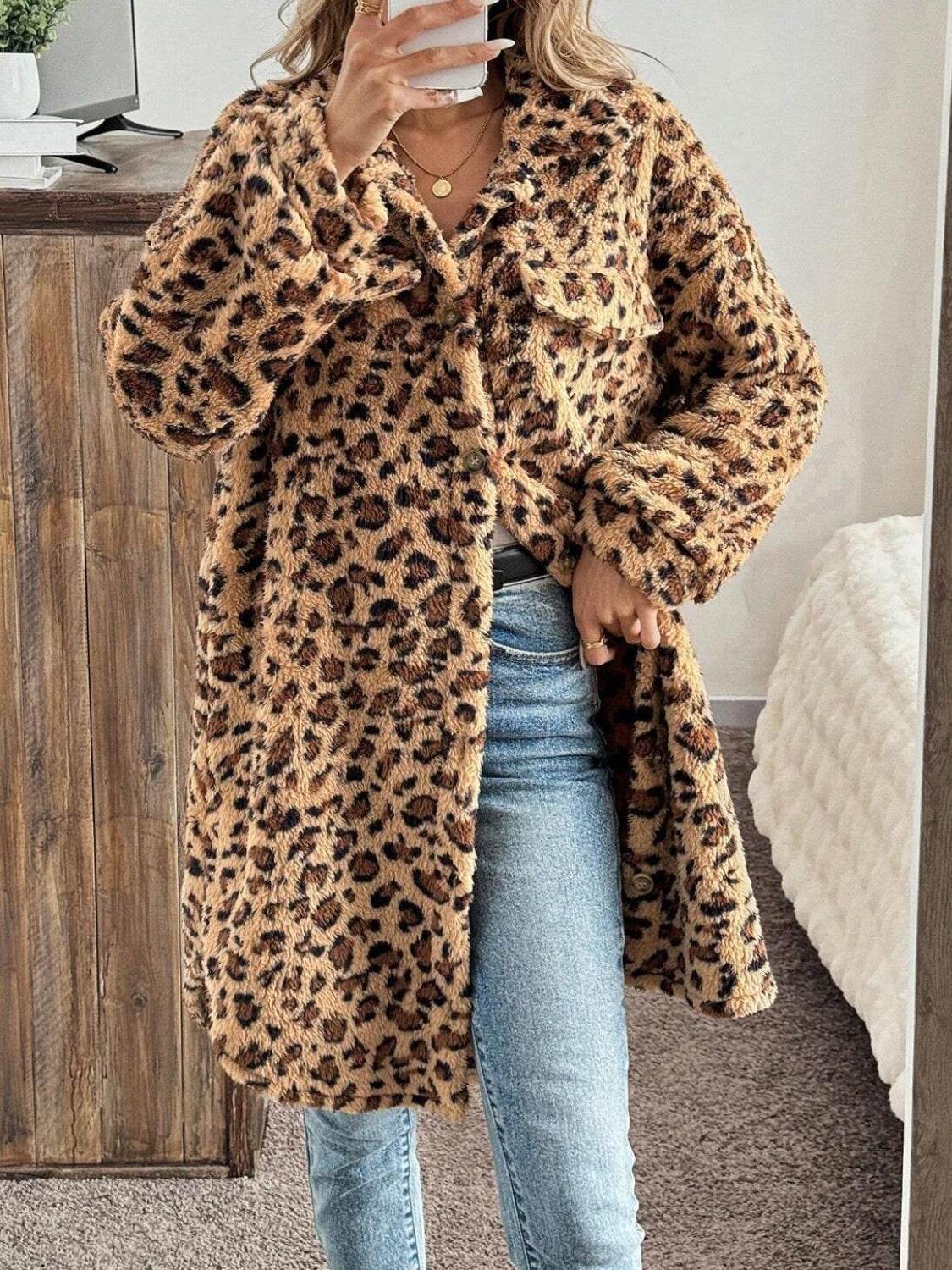 Leopard Button Up Long Sleeve Fuzzy Coat Leopard for a perfect OOTD – dress to impress outfits from Amexza