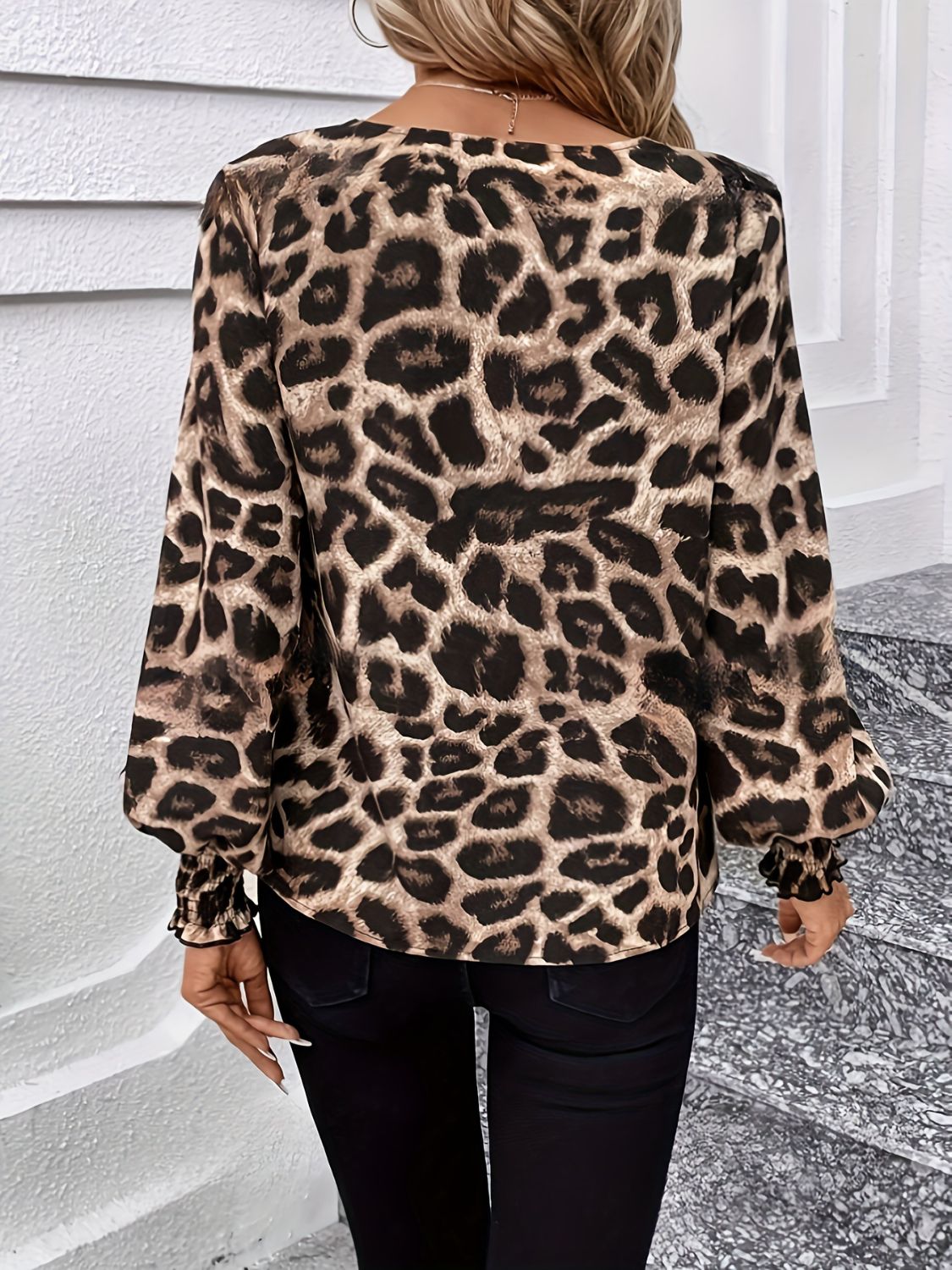 Leopard V-Neck Lantern Sleeve Blouse for a perfect OOTD – dress to impress outfits from Amexza