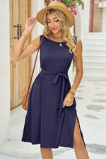 Tied Round Neck Sleeveless Dress - Amexza