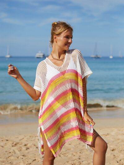 Angel Wings Cutout Striped Cover-Up with Tassel for a perfect OOTD – dress to impress outfits from Amexza