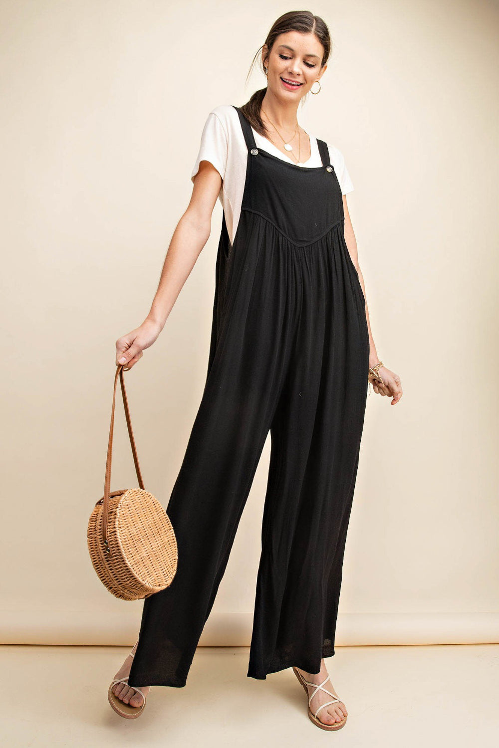 Kori America Full Size Sleeveless Ruched Wide Leg Overalls Black for a perfect OOTD – dress to impress outfits from Amexza