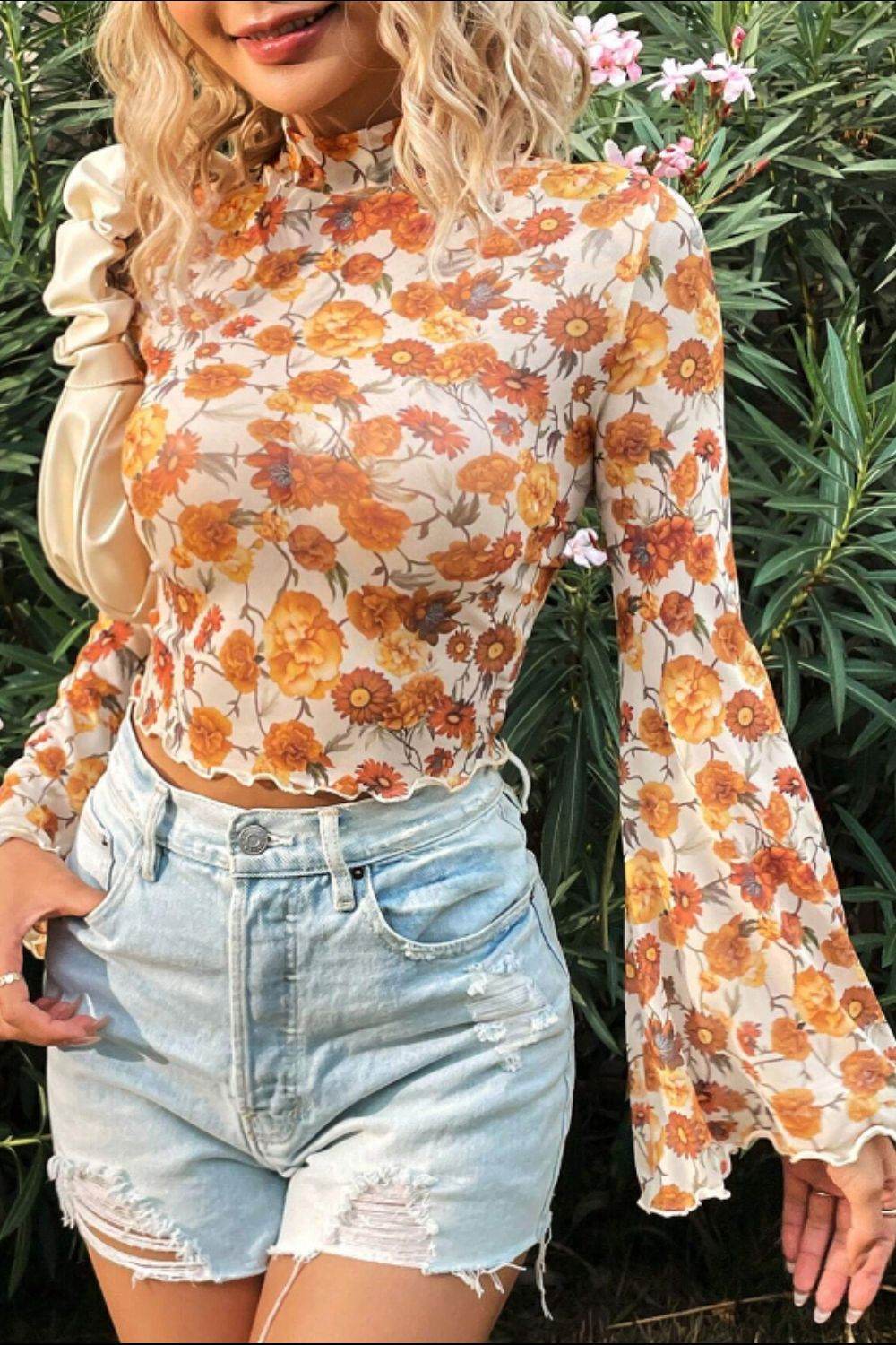 Printed Mock Neck Flare Sleeve Top Tangerine for a perfect OOTD – dress to impress outfits from Amexza