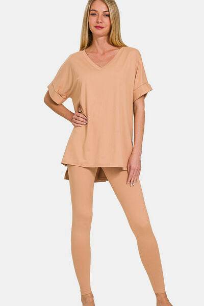 Zenana Full Size V-Neck Rolled Short Sleeve T-Shirt and Leggings Lounge Set DK Brush for a perfect OOTD – dress to impress outfits from Amexza