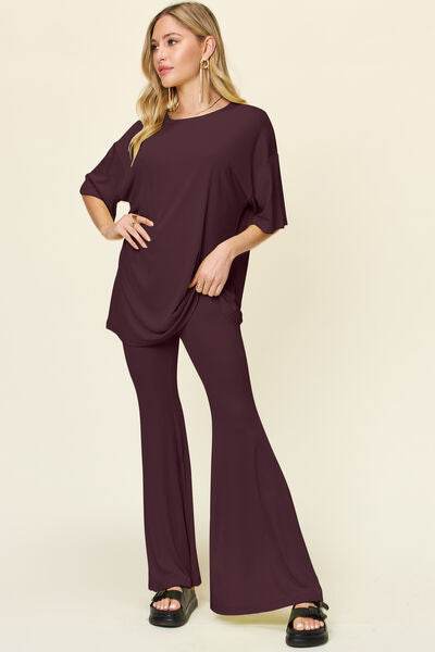 Double Take Full Size Round Neck Drop Shoulder T-Shirt and Flare Pants Set for a perfect OOTD – dress to impress outfits from Amexza