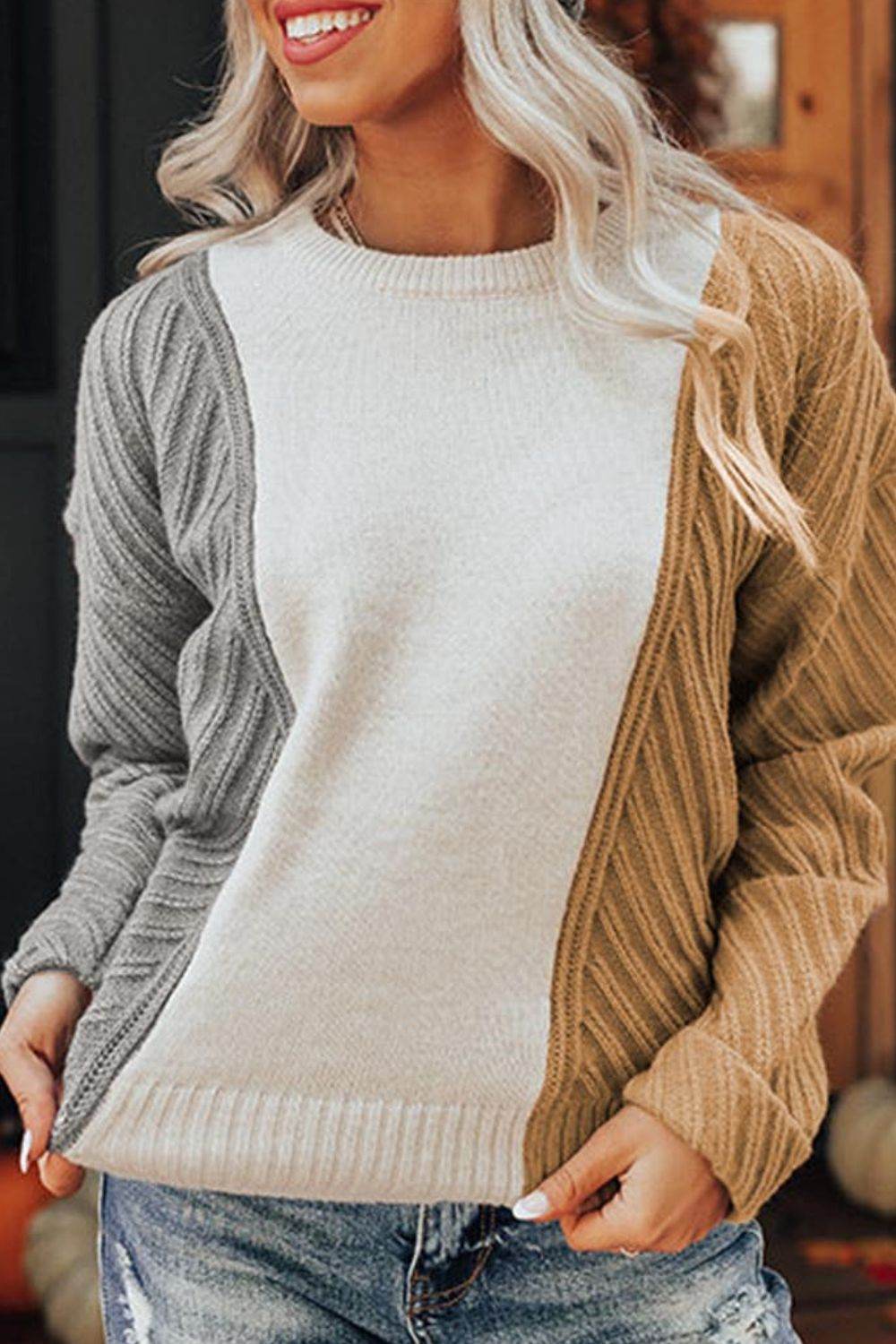 Color Block Textured Drop Shoulder Sweater - Amexza