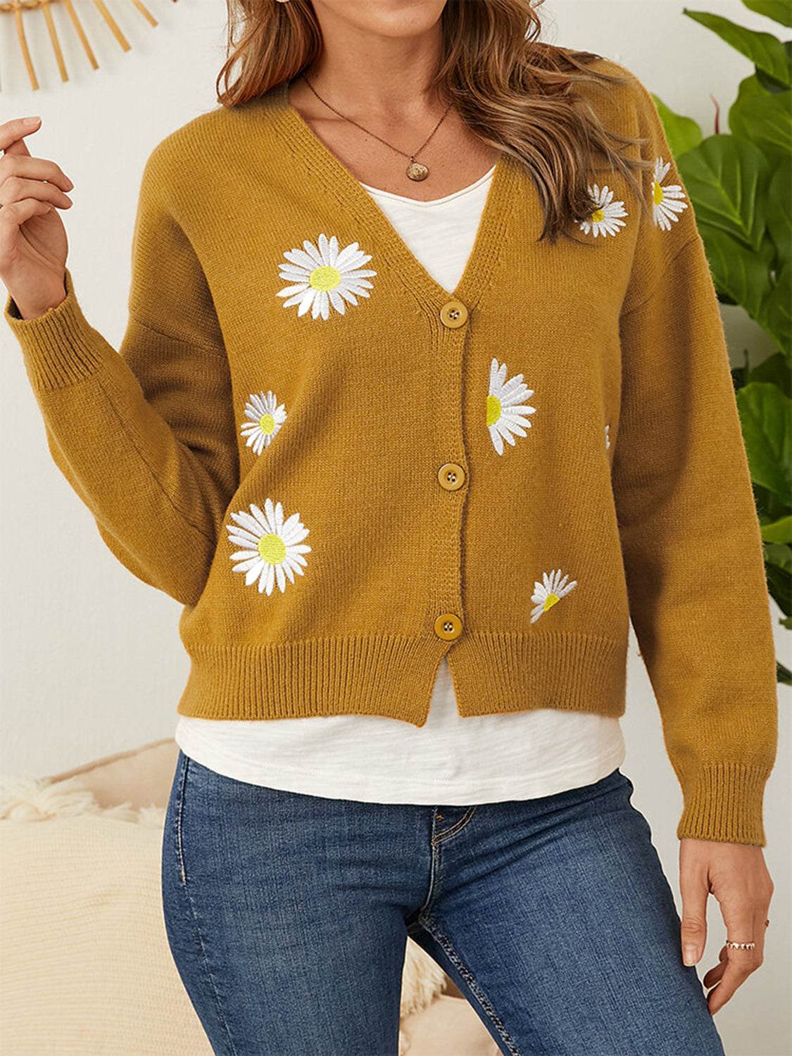 Flower Button Front Dropped Shoulder Cardigan Mustard for a perfect OOTD – dress to impress outfits from Amexza