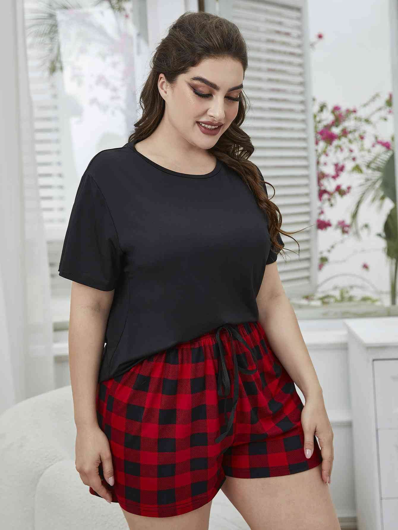 Plus Size Round Neck Tee Shirt and Plaid Shorts Lounge Set for a perfect OOTD – dress to impress outfits from Amexza