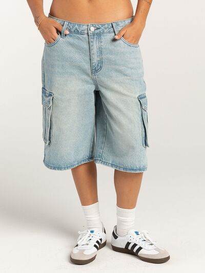 Mid-Rise Waist Denim Shorts with Pockets - Amexza