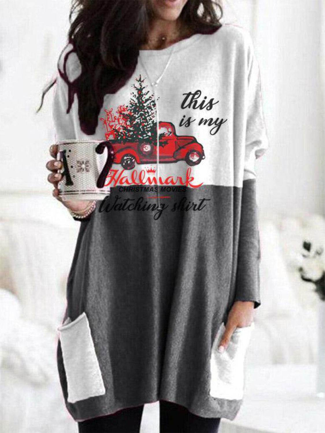 Full Size Graphic Two-Tone Round Neck Long Sleeve T-Shirt Gray for a perfect OOTD – dress to impress outfits from Amexza