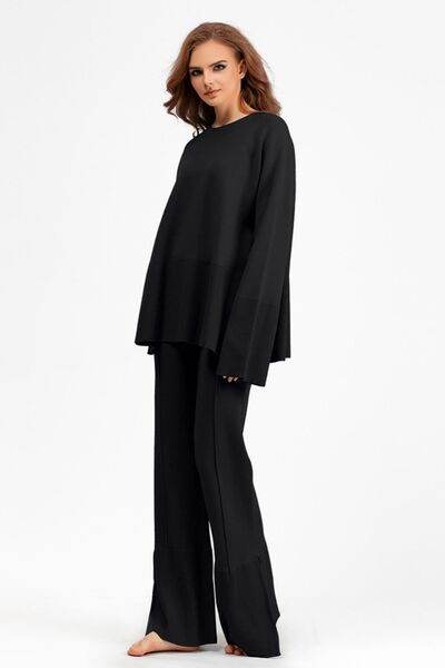 Basic Bae Slit Round Neck Long Sleeve Top and Drawstring Pants Sweater Set Black One Size for a perfect OOTD – dress to impress outfits from Amexza