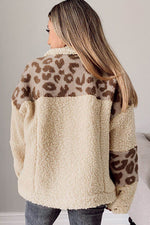 Pocketed Leopard Collared Neck Sherpa Jacket - Amexza