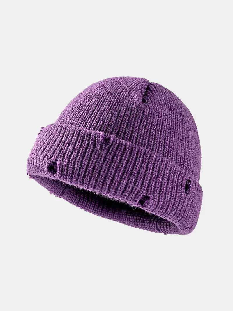Distressed Cuffed Knit Hat Purple One Size for a perfect OOTD – dress to impress outfits from Amexza