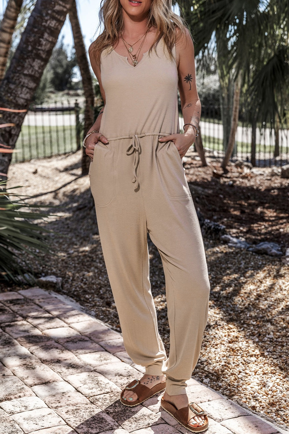 Drawstring Notched Wide Strap Jumpsuit Tan for a perfect OOTD – dress to impress outfits from Amexza