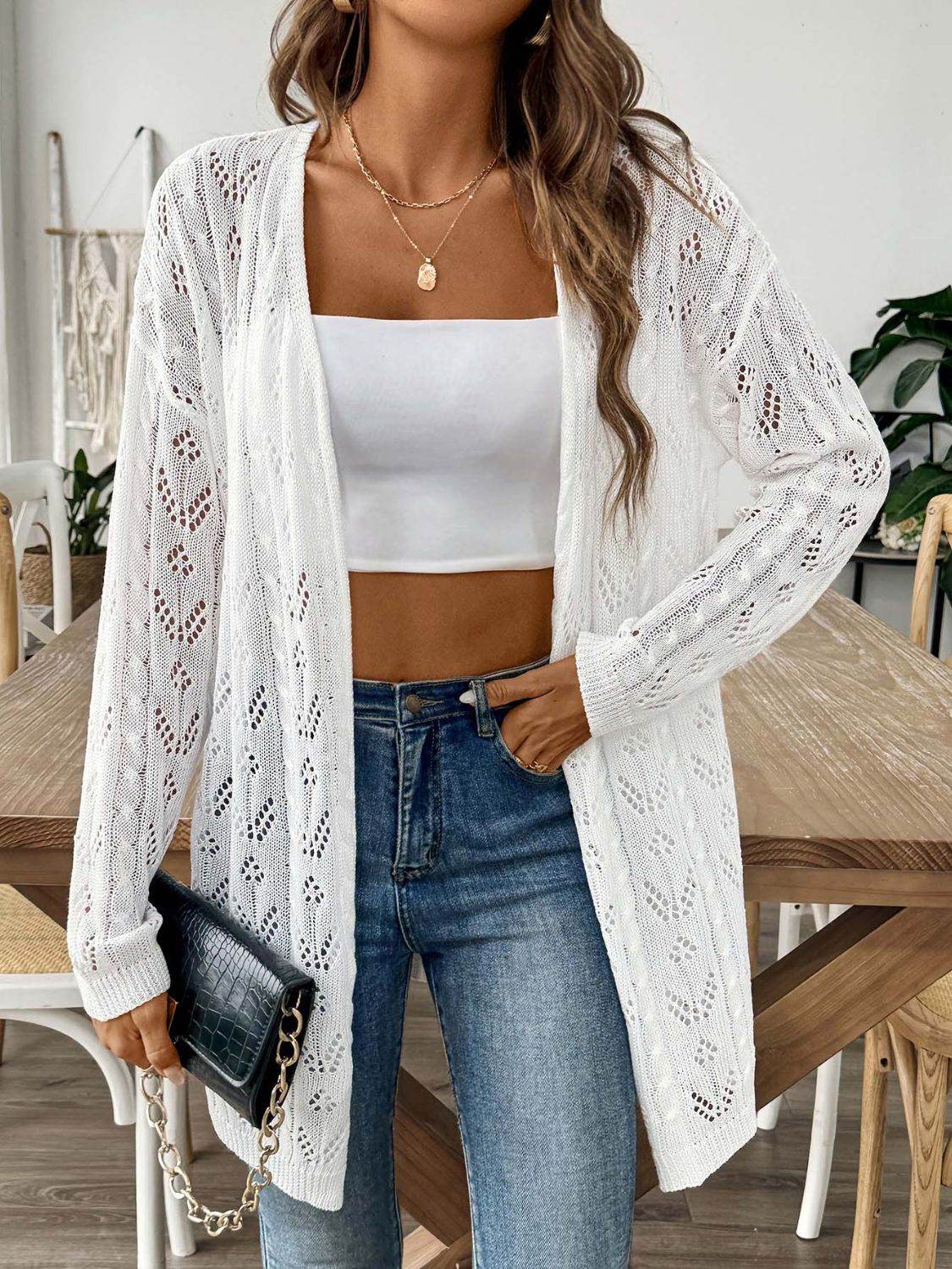 Openwork Open Front Long Sleeve Cardigan - Amexza