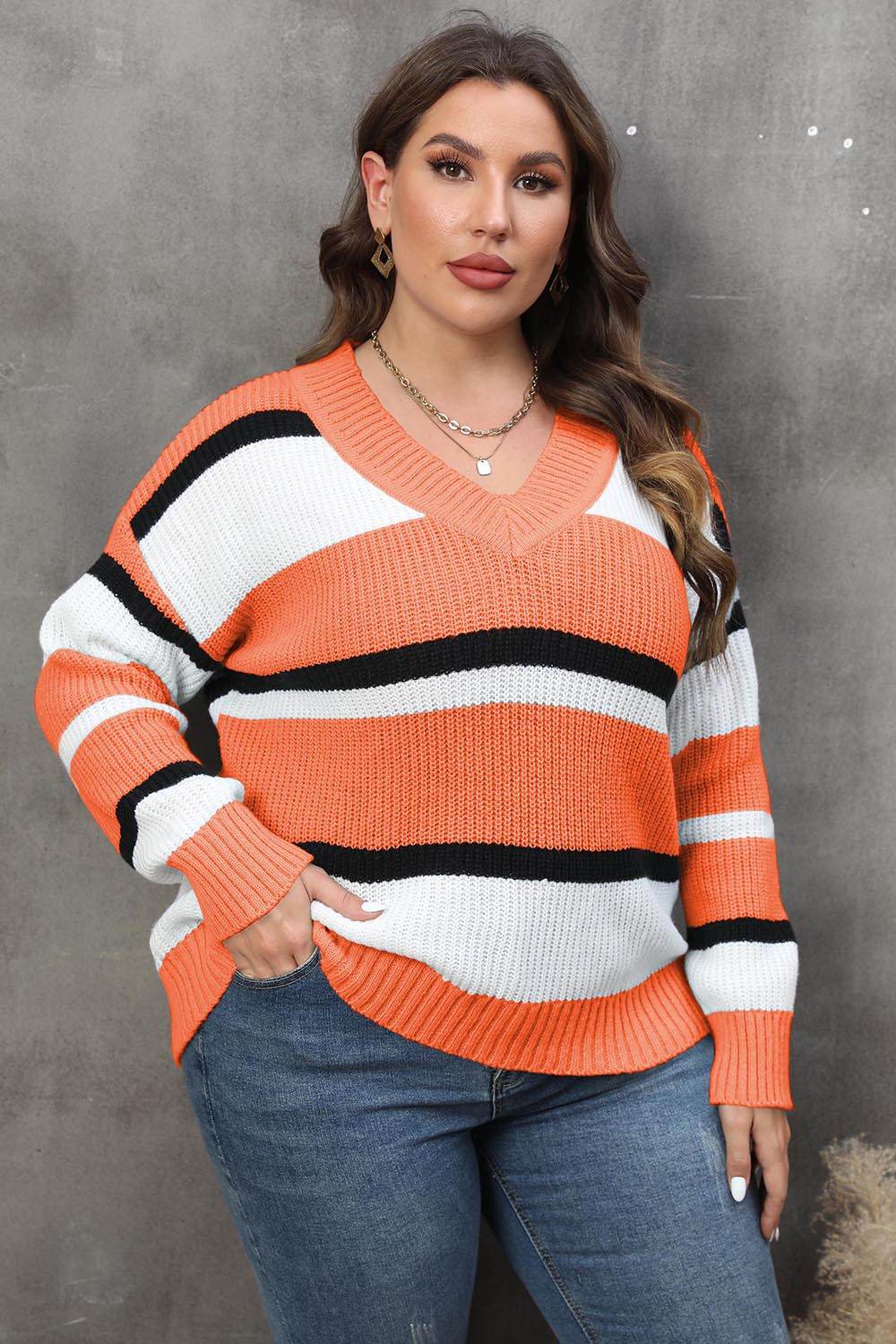 Plus Size Striped V-Neck Dropped Shoulder Sweater for a perfect OOTD – dress to impress outfits from Amexza