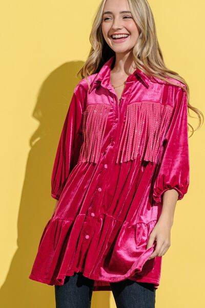 And The Why Fringe Detailed Velvet Shirt Dress Magenta for a perfect OOTD – dress to impress outfits from Amexza