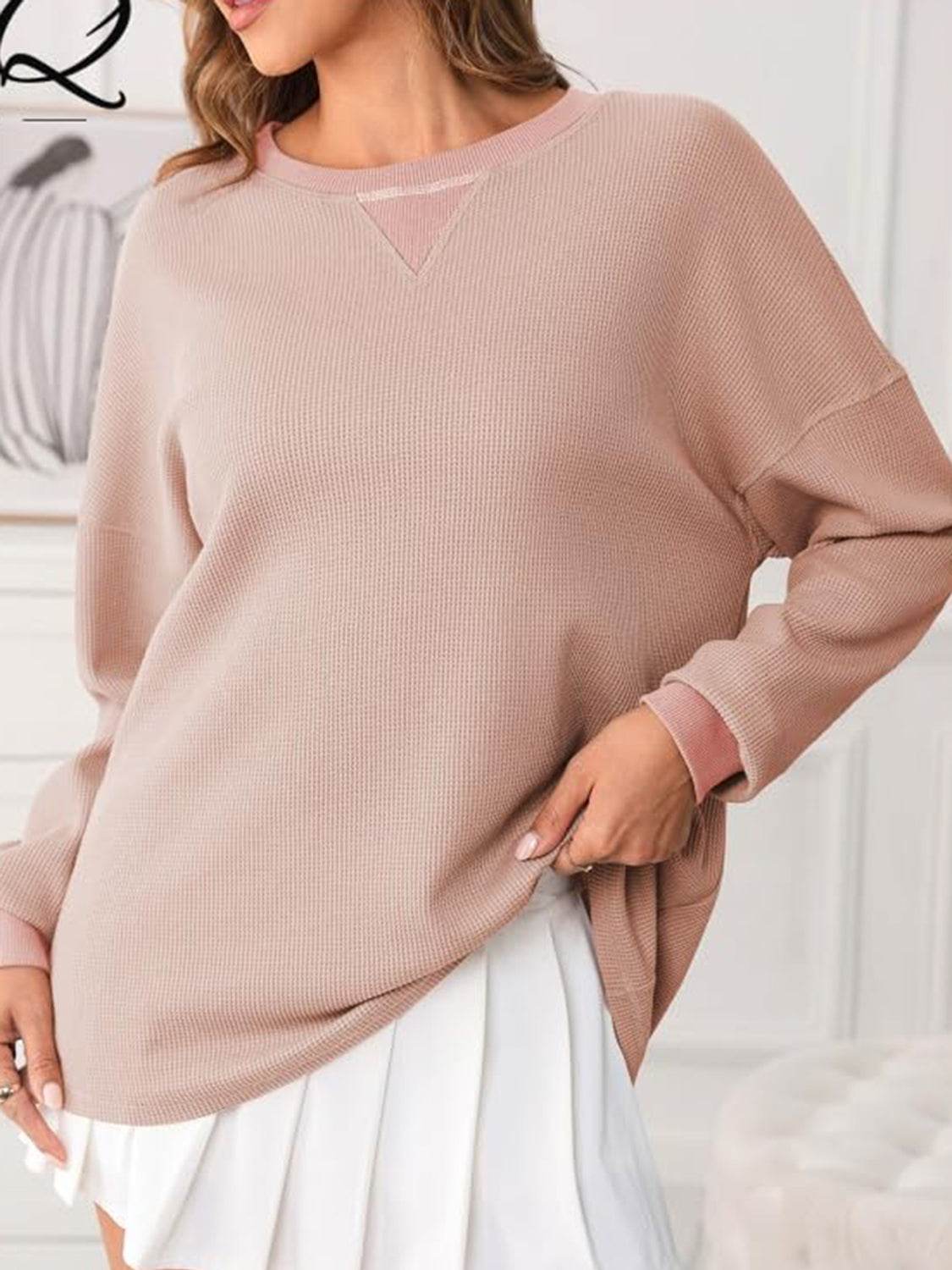 Waffle Knit Round Neck Long Sleeve T-Shirt for a perfect OOTD – dress to impress outfits from Amexza