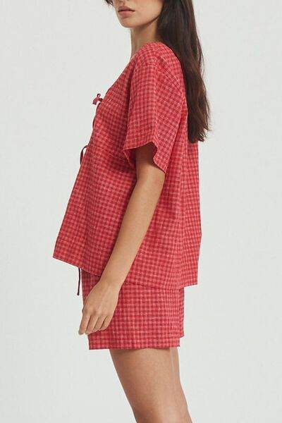 Plaid Tied Scoop Neck Short Sleeve Top and Drawstring Shorts Set for a perfect OOTD – dress to impress outfits from Amexza