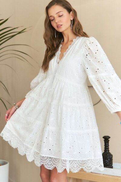 ADORA Lace Detail Tiered Eyelet V-Neck Babydoll Dress for a perfect OOTD – dress to impress outfits from Amexza