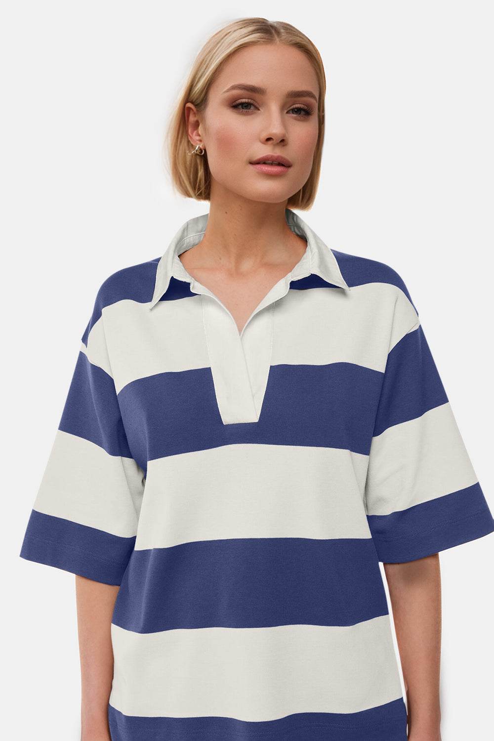 Oh Pima Cotton Wash Color Block Johnny Collar Half Sleeve Top Dusty Blue for a perfect OOTD – dress to impress outfits from Amexza