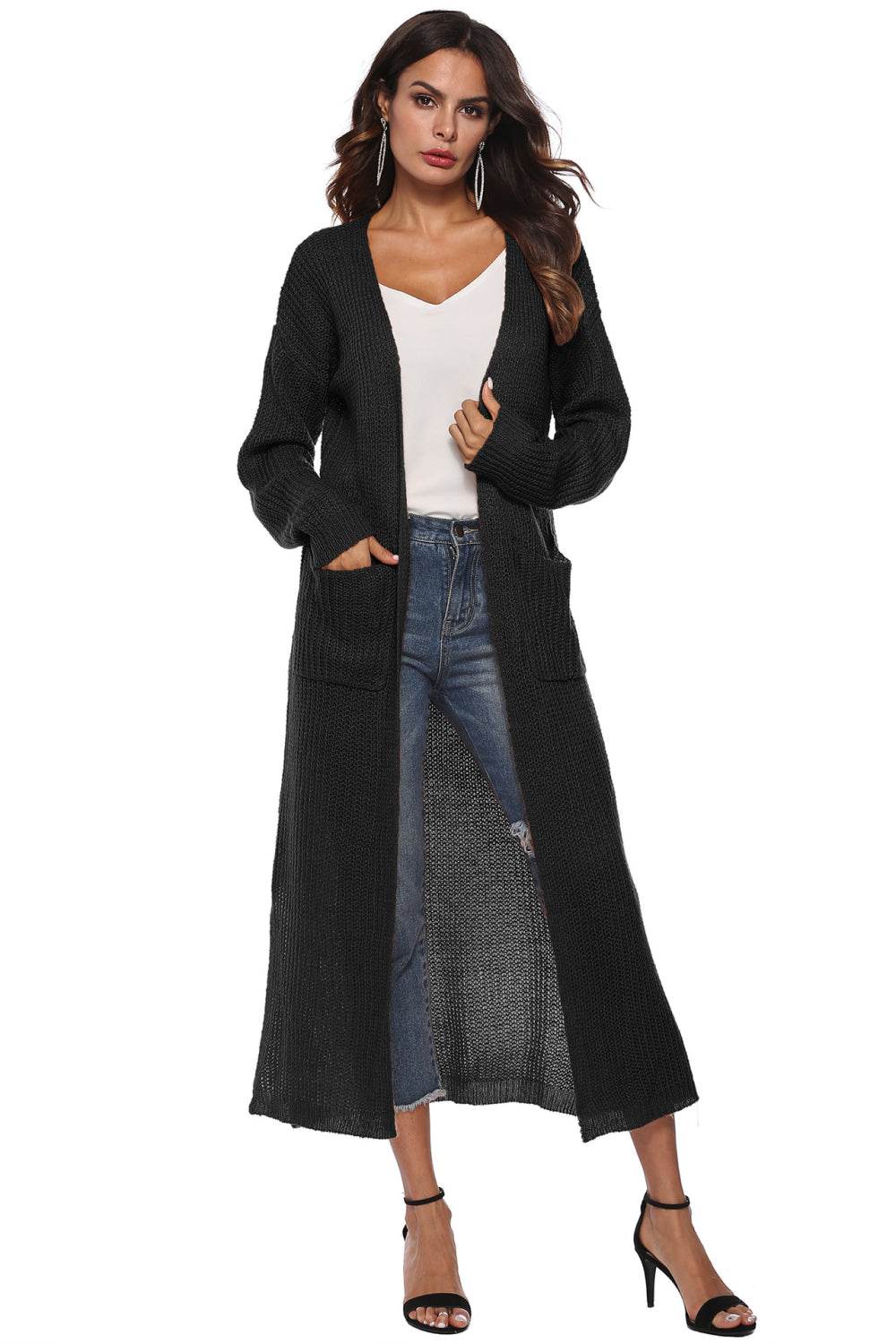 Long Sleeve Open Front Buttoned Cardigan Black for a perfect OOTD – dress to impress outfits from Amexza