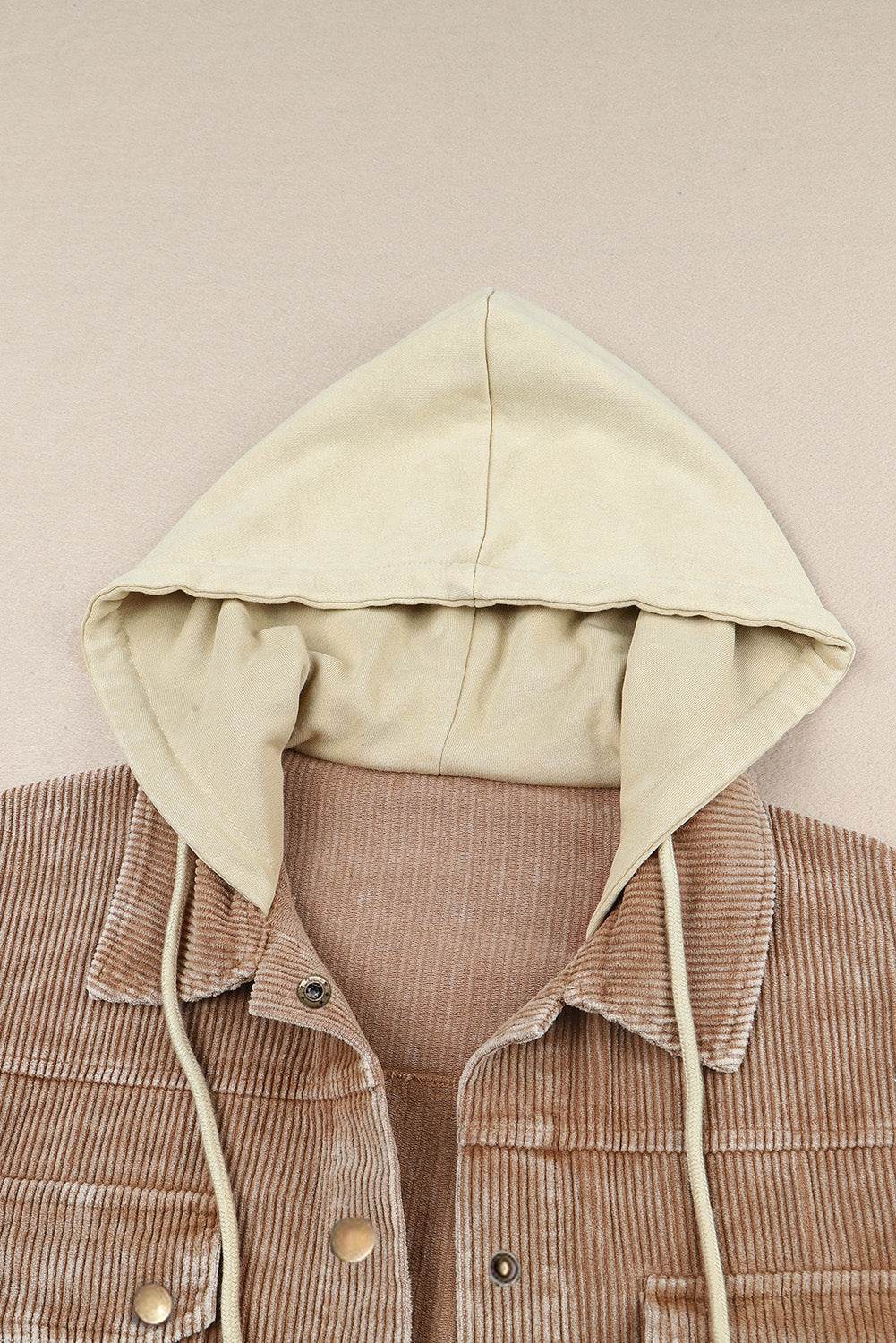 Raw Hem Snap Down Drawstring Hooded Jacket for a perfect OOTD – dress to impress outfits from Amexza