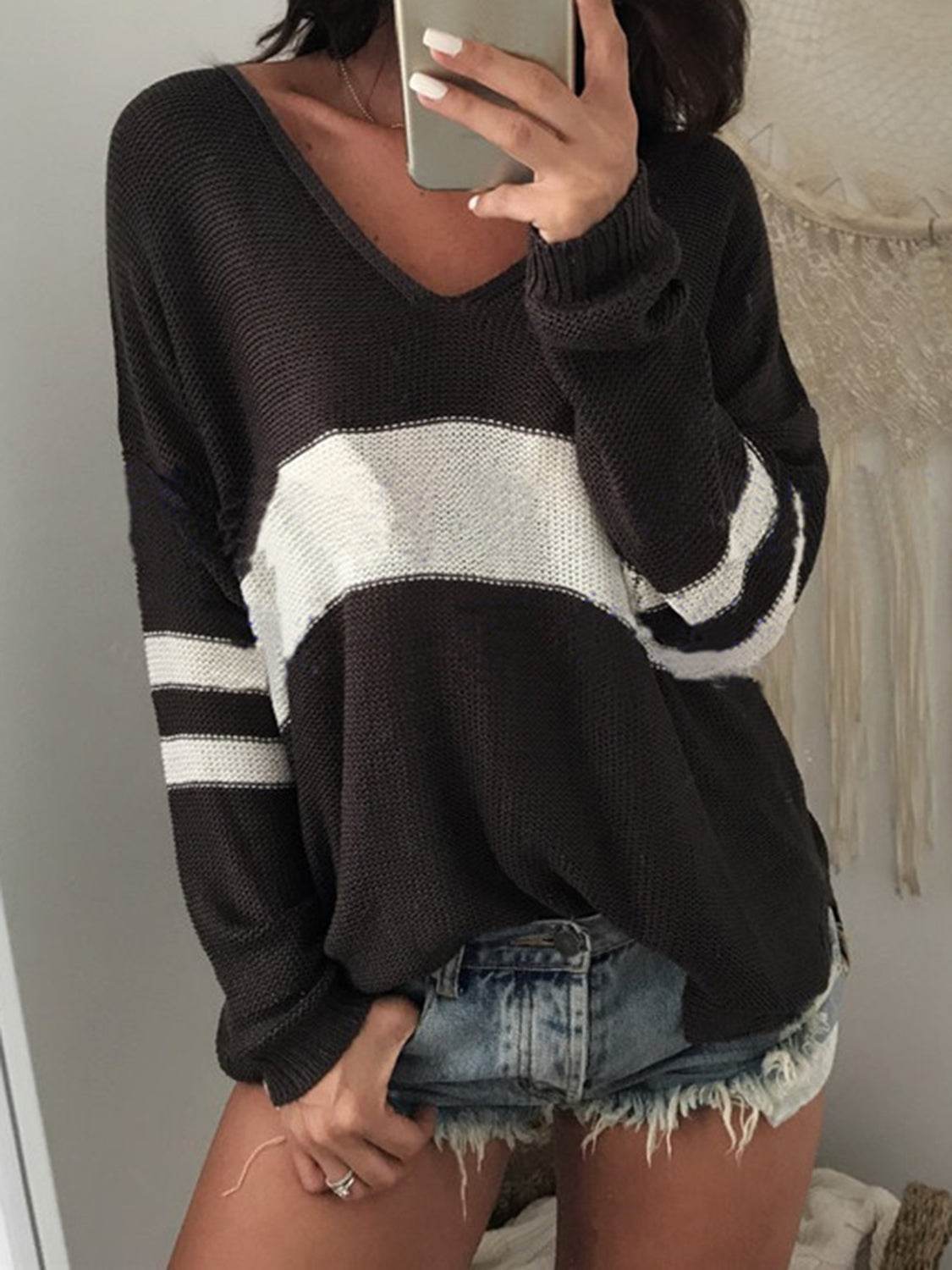 Striped V-Neck Long Sleeve Sweater Black for a perfect OOTD – dress to impress outfits from Amexza