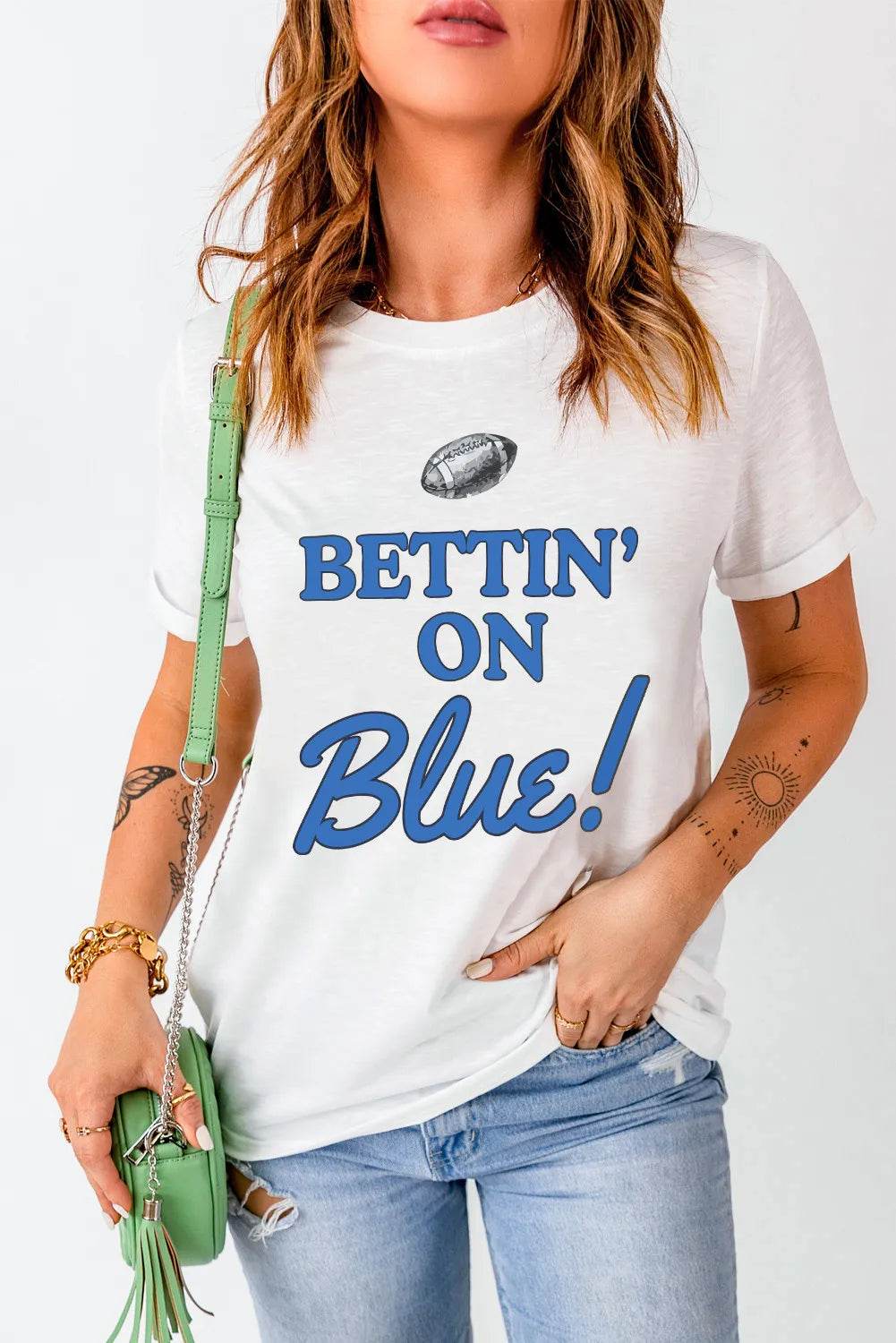 Letter Graphic Round Neck Short Sleeve T-Shirt Peacock Blue for a perfect OOTD – dress to impress outfits from Amexza