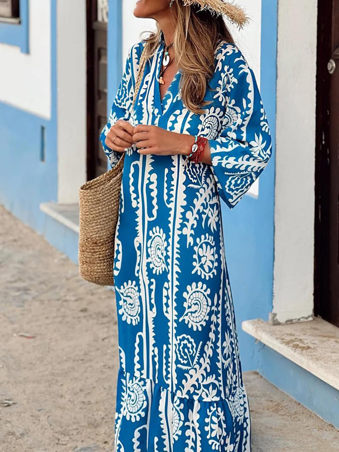 Printed Notched Half Sleeve Maxi Dress - Blue / S