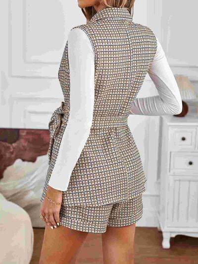 Tied Plaid Collared Neck Vest and Shorts Set - Amexza