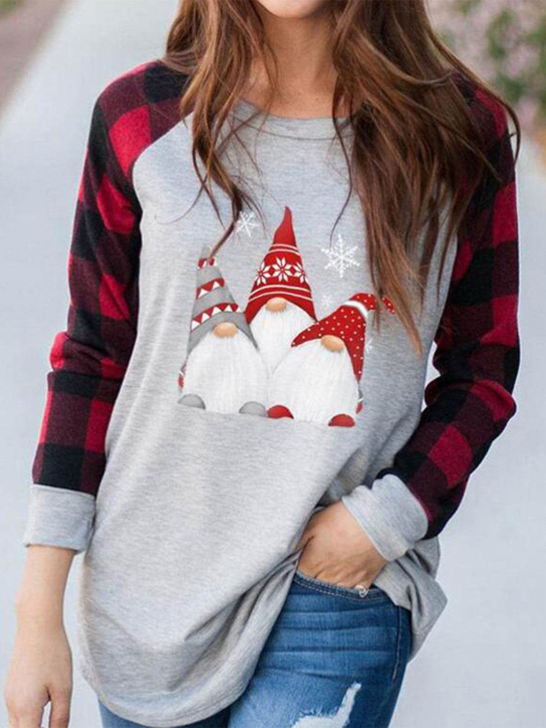 Full Size Graphic Plaid Round Neck Long Sleeve T-Shirt - Amexza