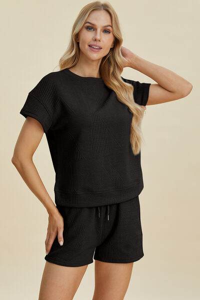 Double Take Full Size Texture Short Sleeve Top and Shorts Set for a perfect OOTD – dress to impress outfits from Amexza