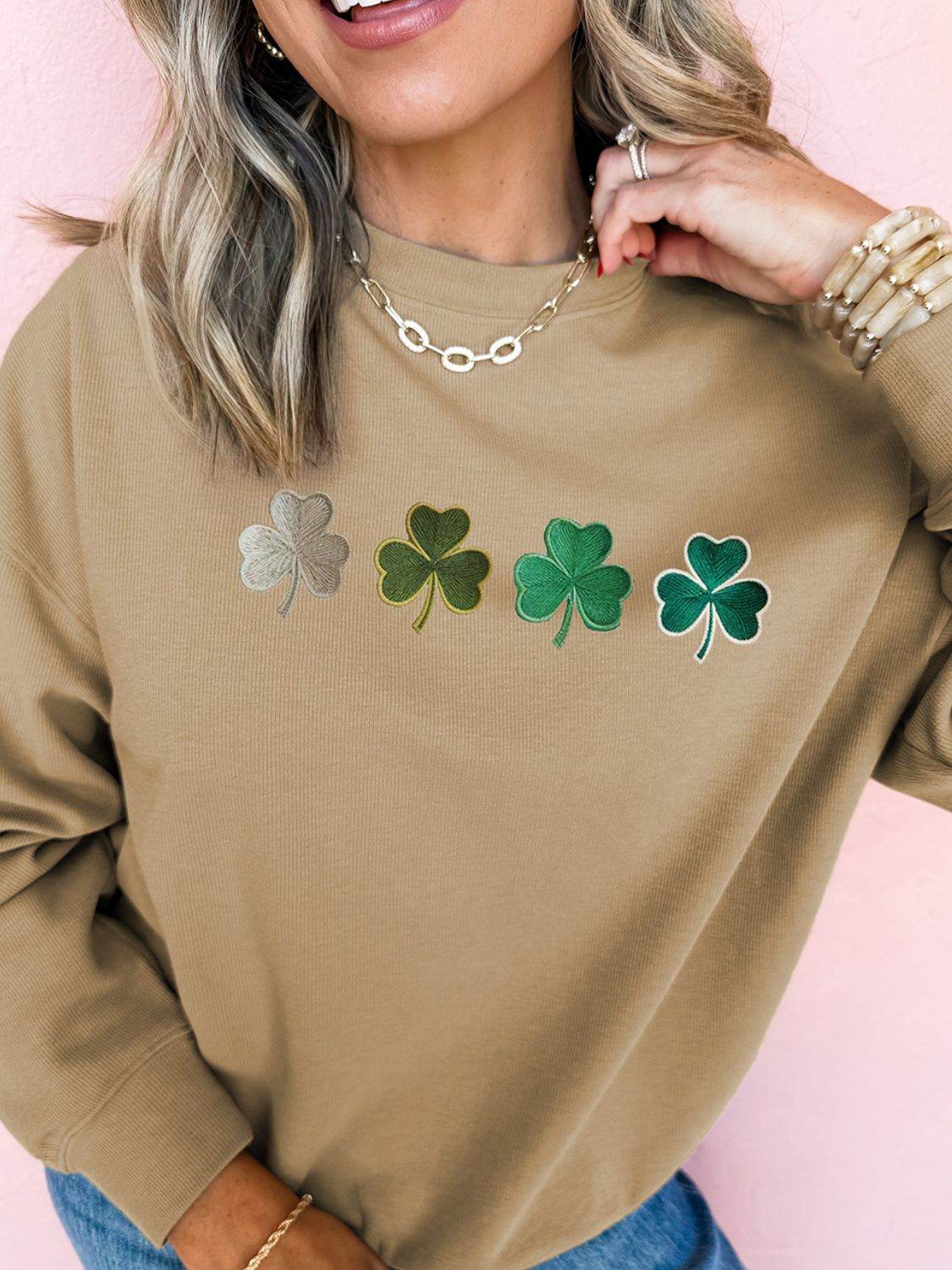 Embroidered Clover Pattern Round Neck Sweatshirt - Amexza