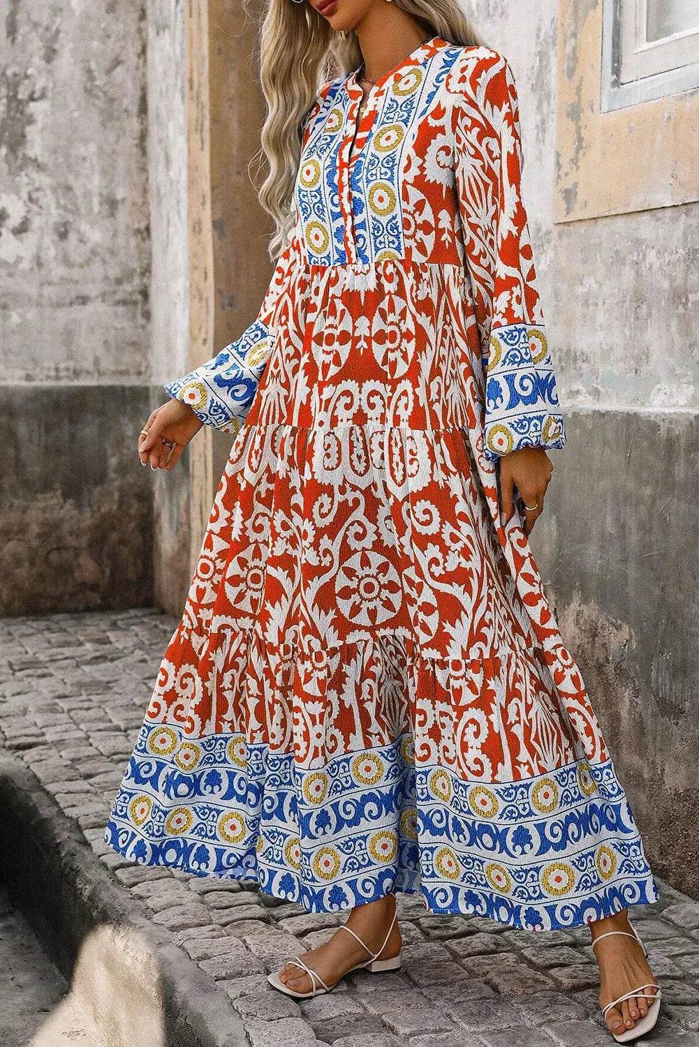 Printed Notched Long Sleeve Maxi Dress - Amexza
