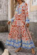 Printed Notched Long Sleeve Maxi Dress - Amexza