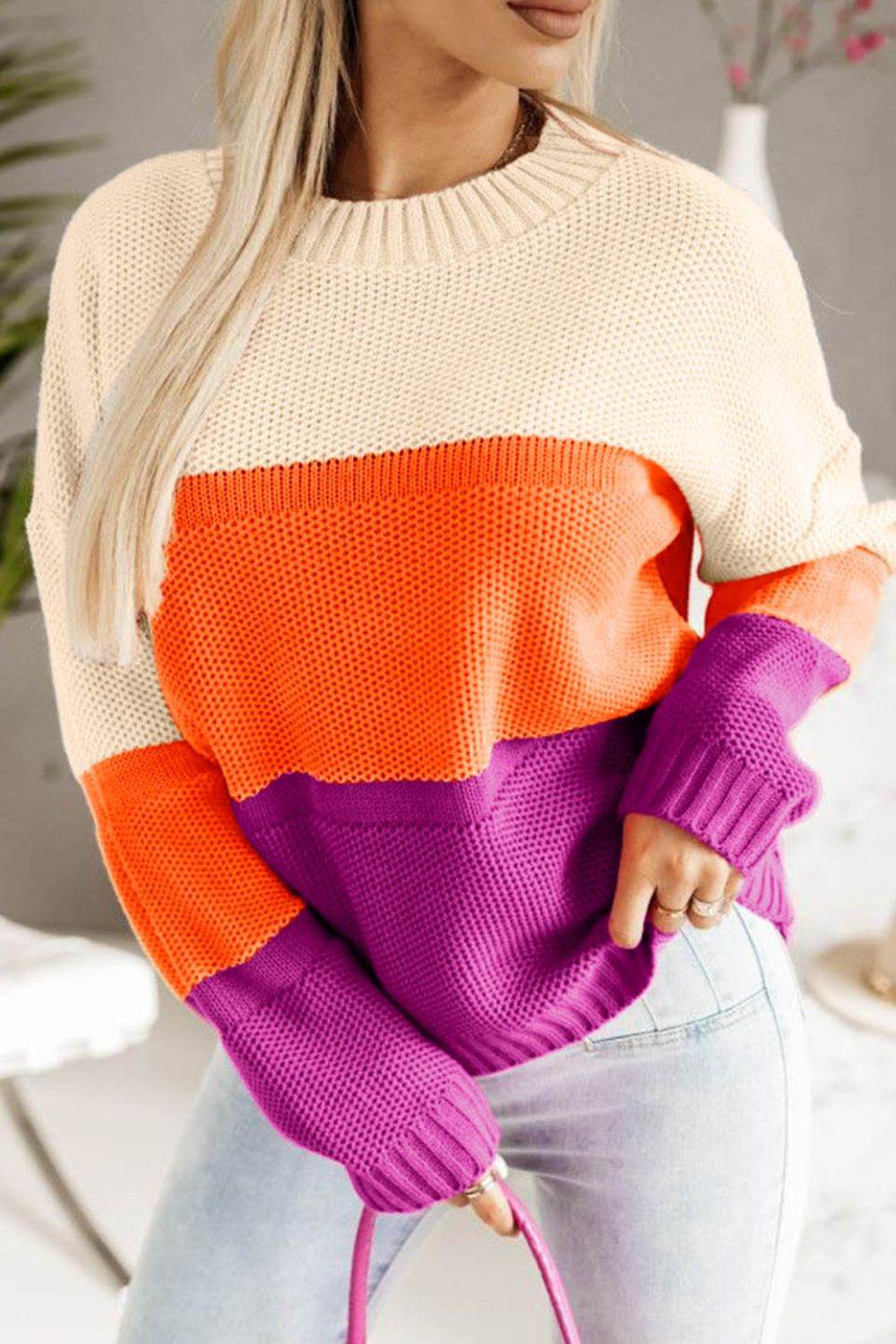 Color Block Drop Shoulder Round Neck Sweater - Amexza