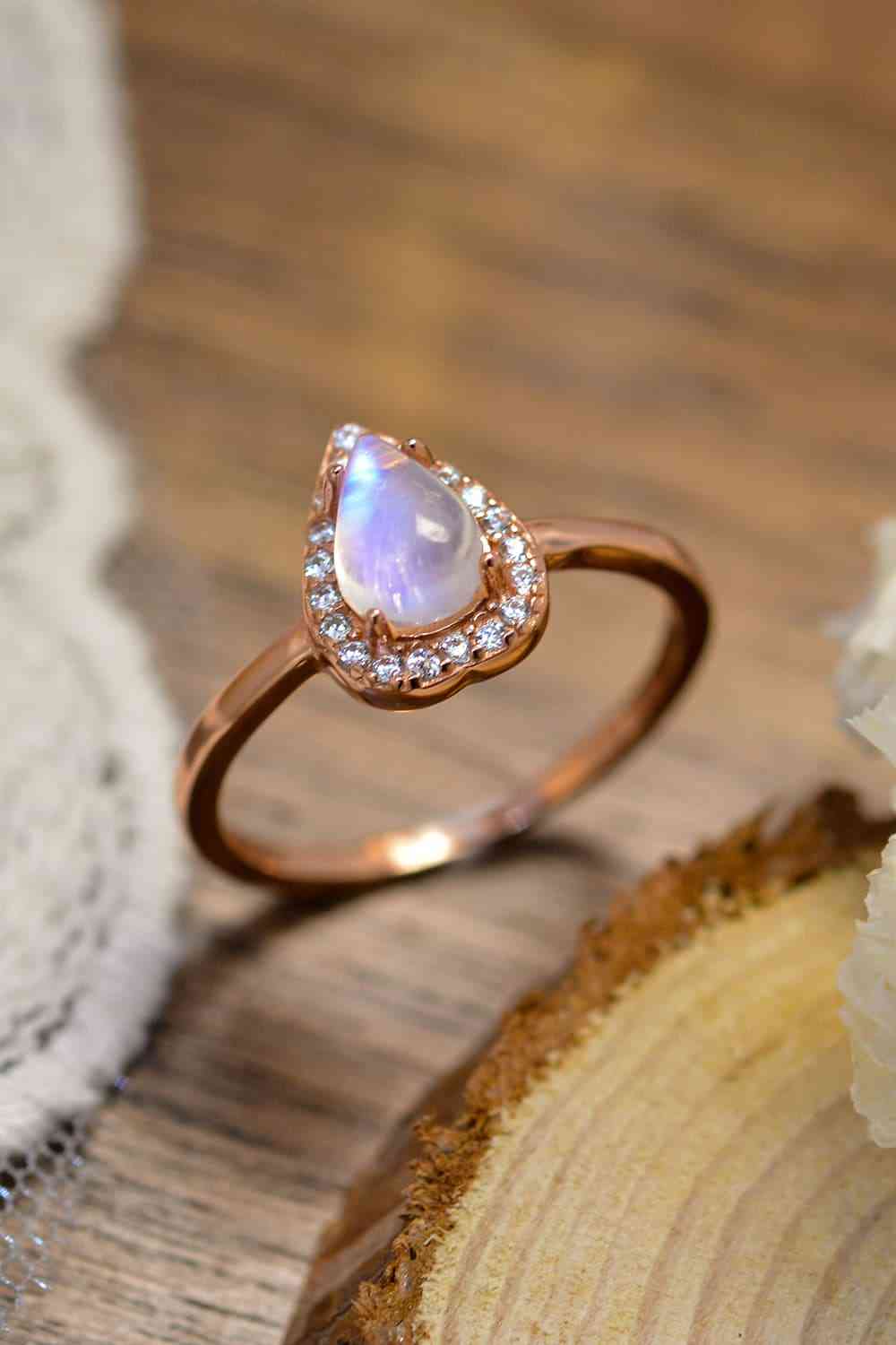 Moonstone Teardrop 925 Sterling Silver Halo Ring Rose Gold for a perfect OOTD – dress to impress outfits from Amexza