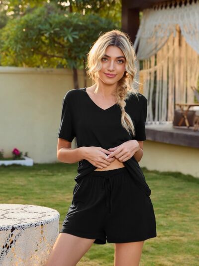 V-Neck Short Sleeve Top and Pocketed Shorts Lounge Set Black for a perfect OOTD – dress to impress outfits from Amexza