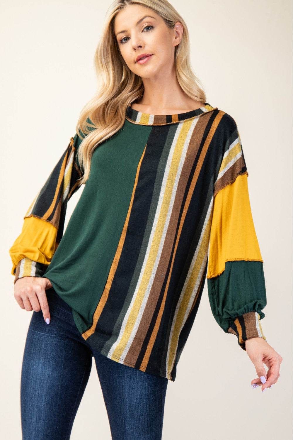 Celeste Full Size Striped Color Block Exposed Seam T-Shirt for a perfect OOTD – dress to impress outfits from Amexza