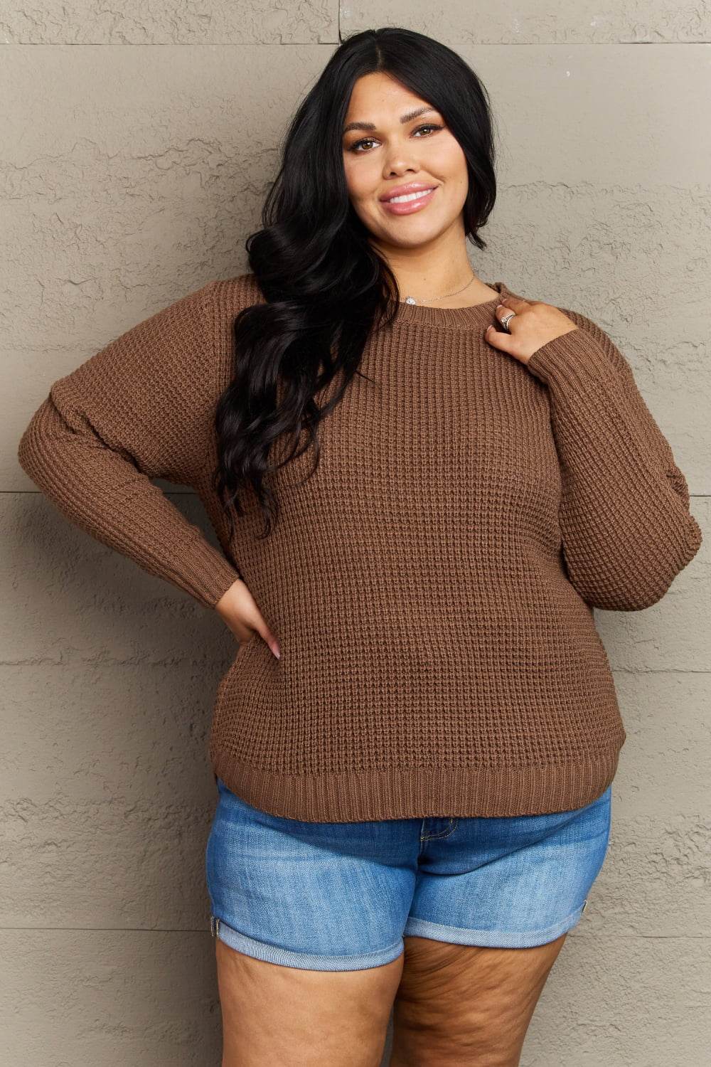 Zenana Breezy Days Plus Size High Low Waffle Knit Sweater Brown for a perfect OOTD – dress to impress outfits from Amexza