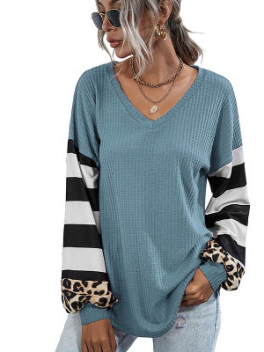 Leopard Striped Waffle-Knit Top - Amexza