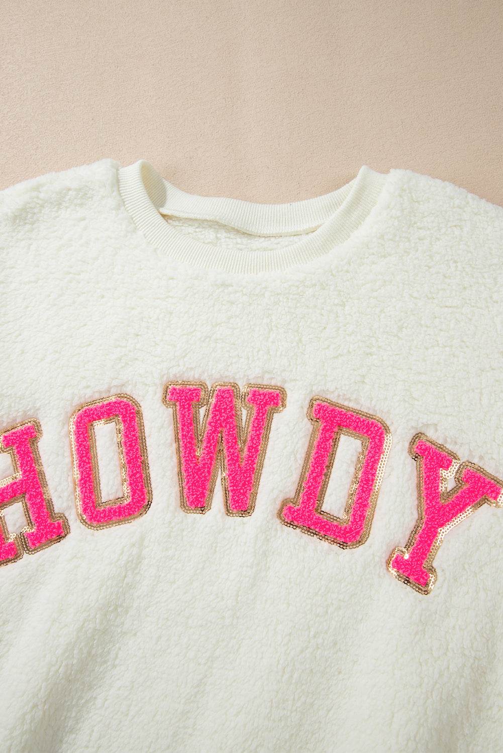 HOWDY Patched Round Neck Sherpa Sweatshirt - Amexza