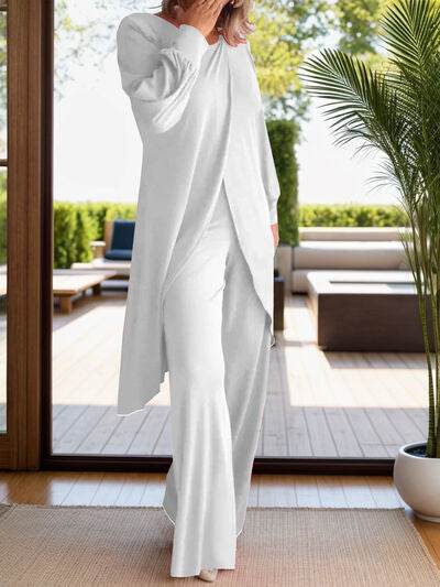 Full Size Slit Round Neck Long Sleeve Top and Pants Set White for a perfect OOTD – dress to impress outfits from Amexza