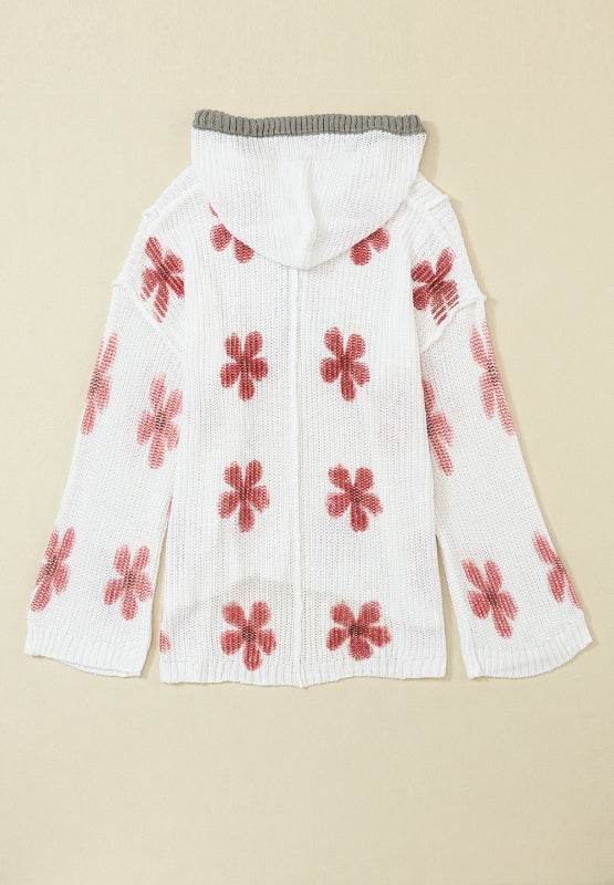 Drawstring Flower Hooded Knit Top - Amexza