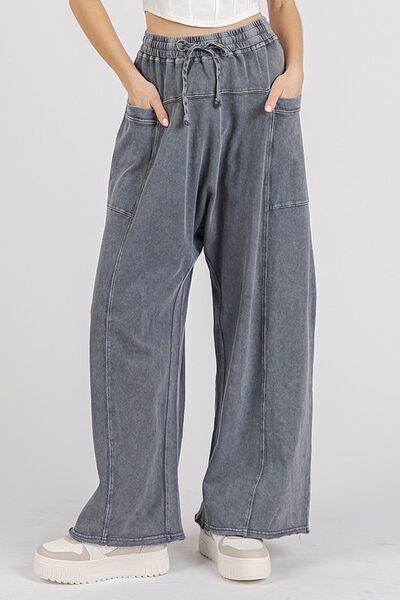 Mittoshop Mineral Wash Elastic Waist Barrel Leg Baggy Pants - Amexza